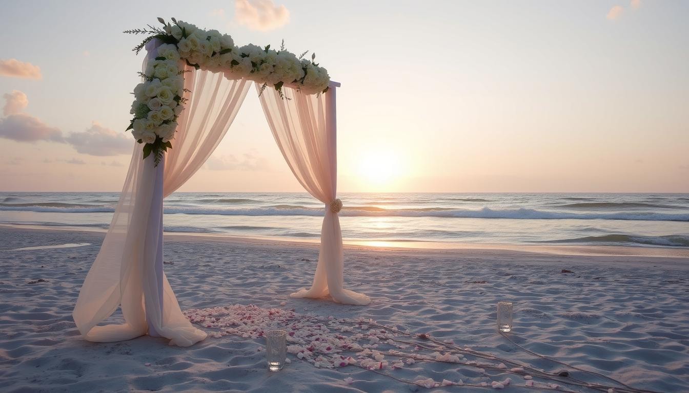 an altar set up for a beach wedding at sunset, beaches daytona, beach weddings in daytona fl