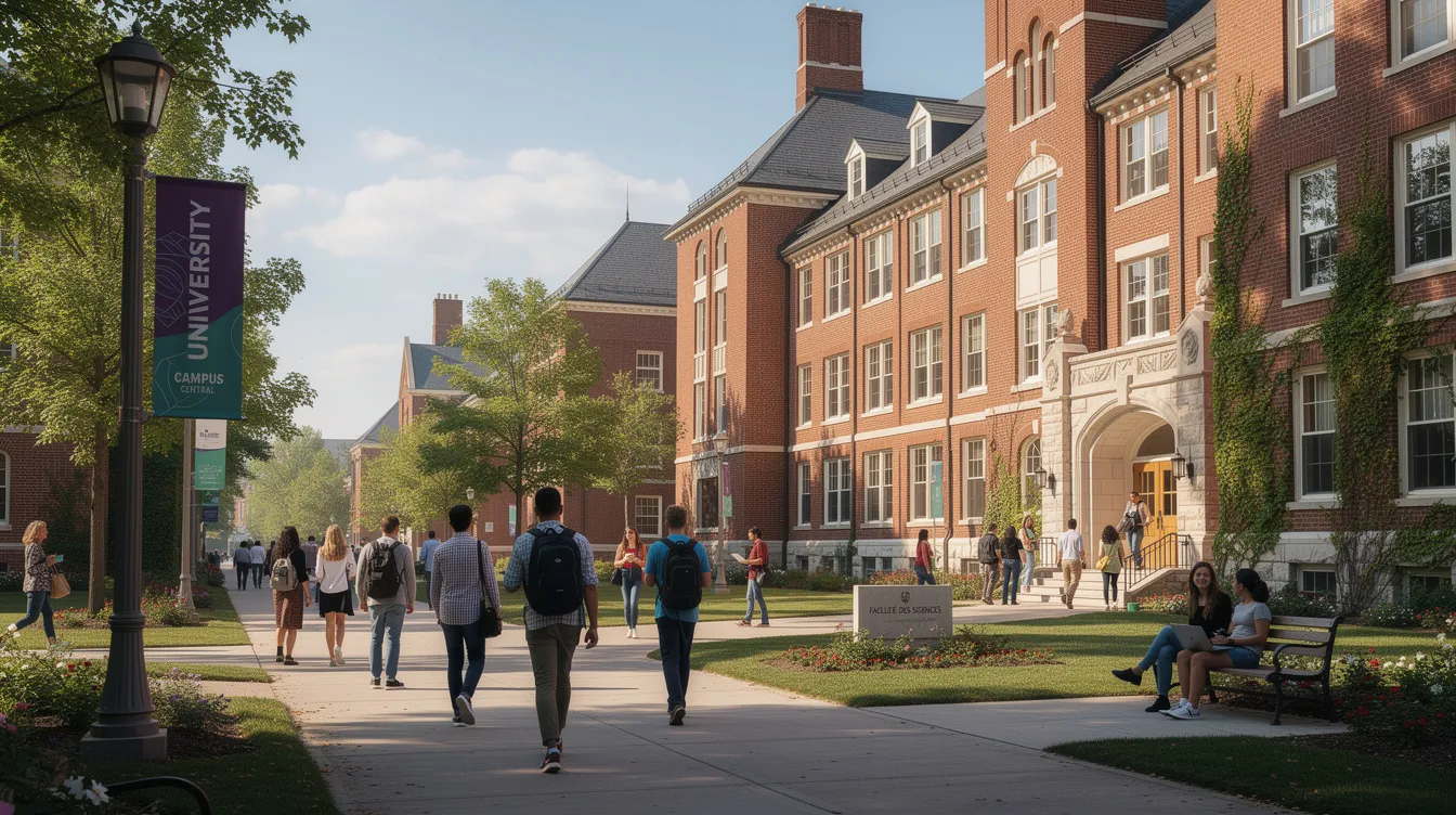 L'image montre un campus universitaire américain animé, avec des étudiants marchant entre des bâtiments en brique rouge typiques. Ce lieu, symbole des études aux États-Unis, évoque la vie académique et les interactions entre les étudiants sur le chemin de leur avenir.