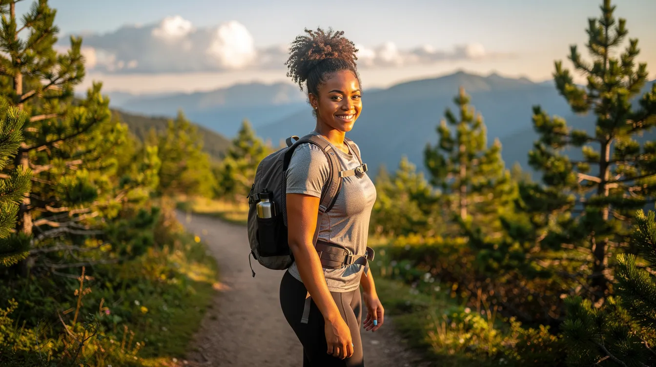 The image shows a black woman smiling while hiking alone on a scenic trail, capturing her true self in a moment of self-awareness and adventure. This photo could be a great addition to her dating profile, showcasing her interests and vibrant personality, as she looks for the right person to share life's adventures with.