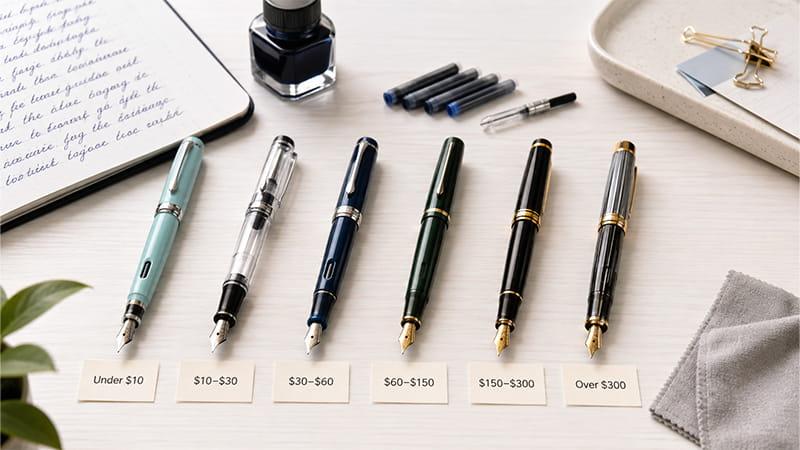 Fountain pen price range comparison showing different pens from budget to premium levels with ink and writing accessories