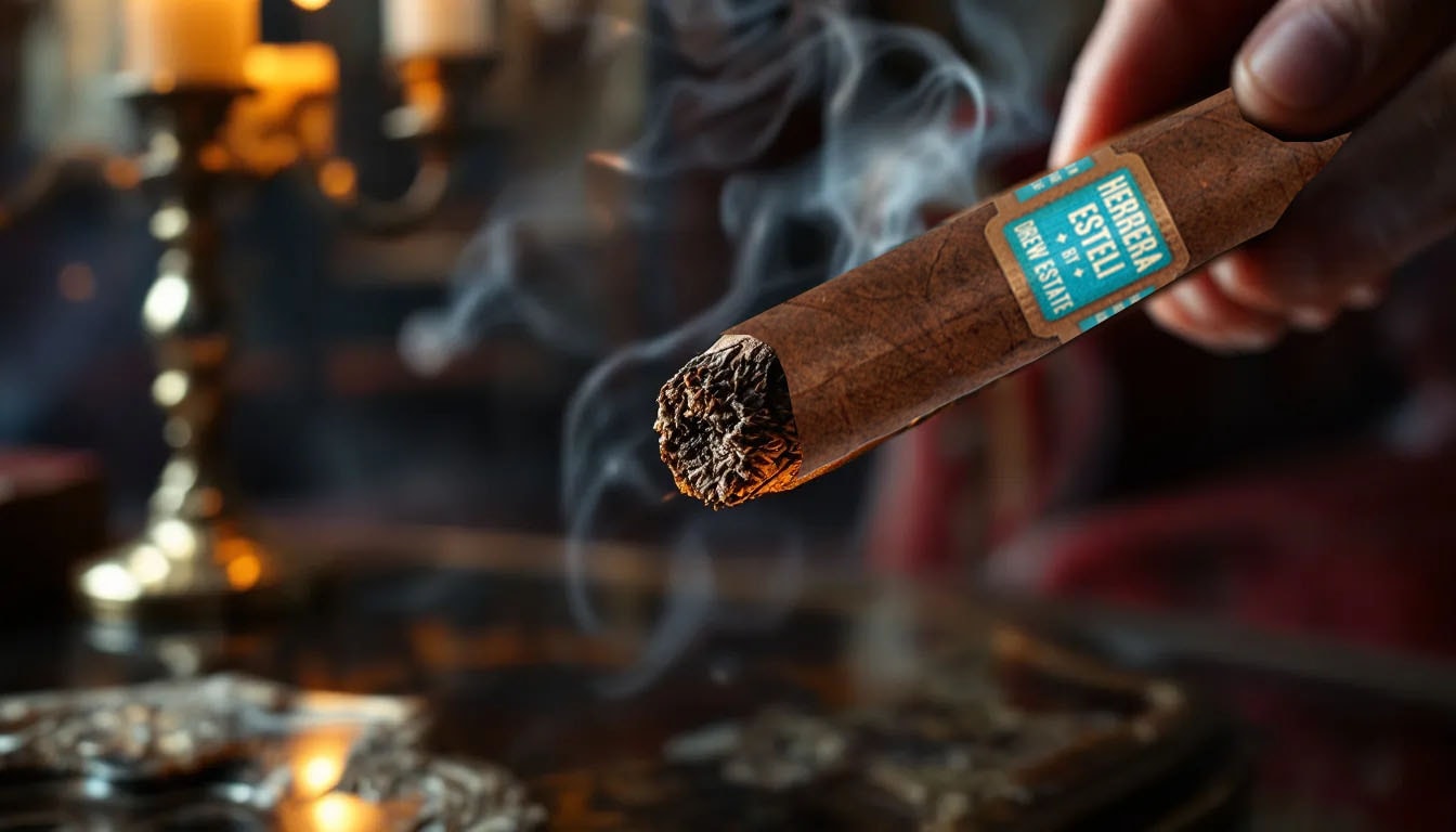 A close-up of a Drew Estate Herrera Esteli Brazilian Maduro cigar being lit.