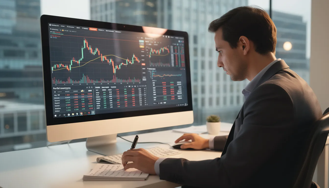 Na obrazie widoczny jest profesjonalista, który analizuje wykresy finansowe na monitorze komputera, co sugeruje jego zaangażowanie w prowadzenie ksiąg rachunkowych oraz sporządzanie sprawozdań finansowych. W tle można dostrzec dokumentację finansową, co podkreśla znaczenie analizy danych finansowych w podejmowaniu trafnych decyzji biznesowych.
