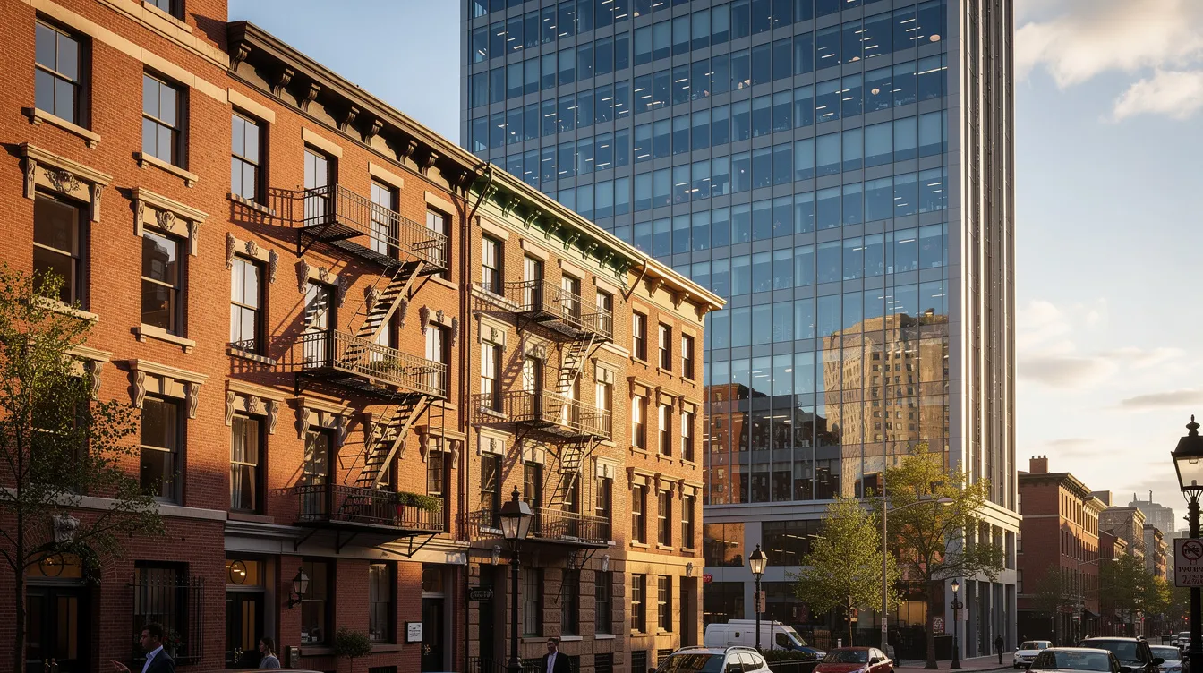The image depicts a historic building facade in downtown Boston, showcasing intricate architectural details, with a modern glass office tower rising in the background, symbolizing the blend of tradition and contemporary design. This scene reflects the dynamic environment of corporate video production, where history meets modernity, appealing to potential customers and engaging audiences.