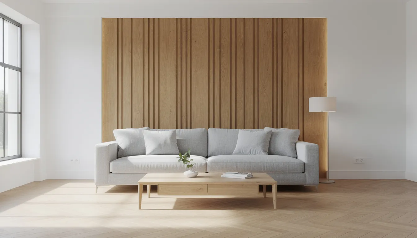 Een moderne woonkamer met stijlvolle houten wandpanelen in een warme tint, geplaatst achter een grijze bank. De wandpanelen geven de ruimte een luxe uitstraling en zorgen voor een gezellige sfeer.