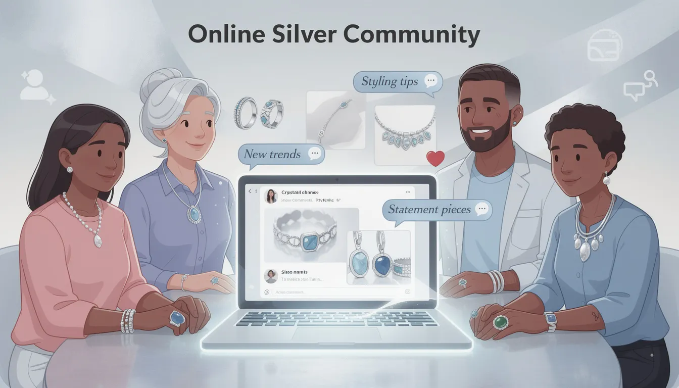 An image depicting an online silver community showcases a vibrant digital space where jewellery lovers connect, share their latest silver jewellery finds, and discuss styling tips. The scene includes elements like sterling silver earrings, necklaces, and bold statement pieces featuring unique stones, inviting viewers to explore a diverse collection of precious metals and trends.