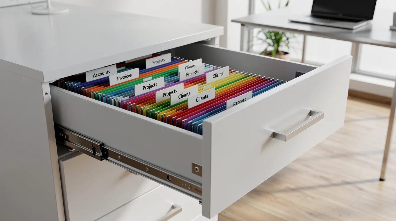 The image features a neatly organized filing cabinet in a modern office, filled with labeled folders that likely contain important documents related to client trust funds, bank statements, and various accounts such as operating accounts and IOLTA accounts. This setup reflects a systematic approach to managing financial records in a law firm, ensuring compliance with fiduciary responsibilities and efficient trust accounting in QuickBooks Online.
