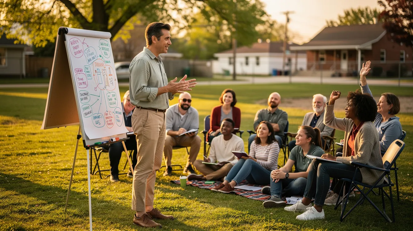 A person is leading a workshop presentation outdoors, engaging with community members while discussing leadership development programs and the importance of developing leadership skills for effective governance. The setting reflects a collaborative atmosphere, emphasizing the role of future leaders in driving social and economic growth.