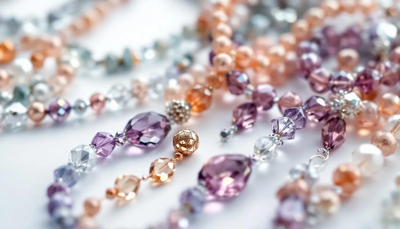 The image showcases a stunning collection of beaded jewellery featuring various crystals, including elegant beaded necklaces, bracelets, and earrings. Each piece is uniquely designed with a vibrant array of colours and materials, making them perfect gifts or accessories to enhance any outfit.