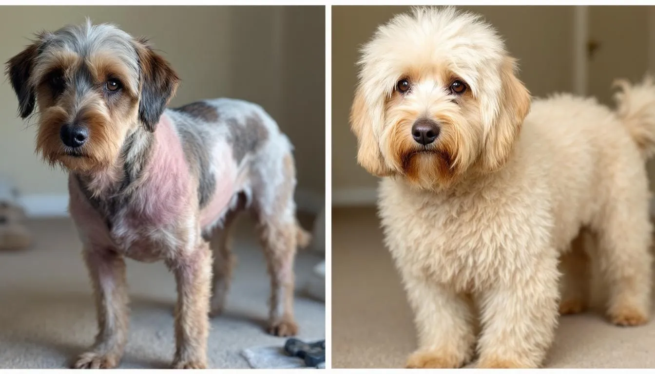 Before and after photos showcase a dog's successful treatment for hair loss, highlighting the transition from noticeable bald patches and thinning hair to a fuller, healthier coat. The images illustrate the positive effects of dog hair loss therapy, potentially addressing underlying issues such as skin infections or allergies.