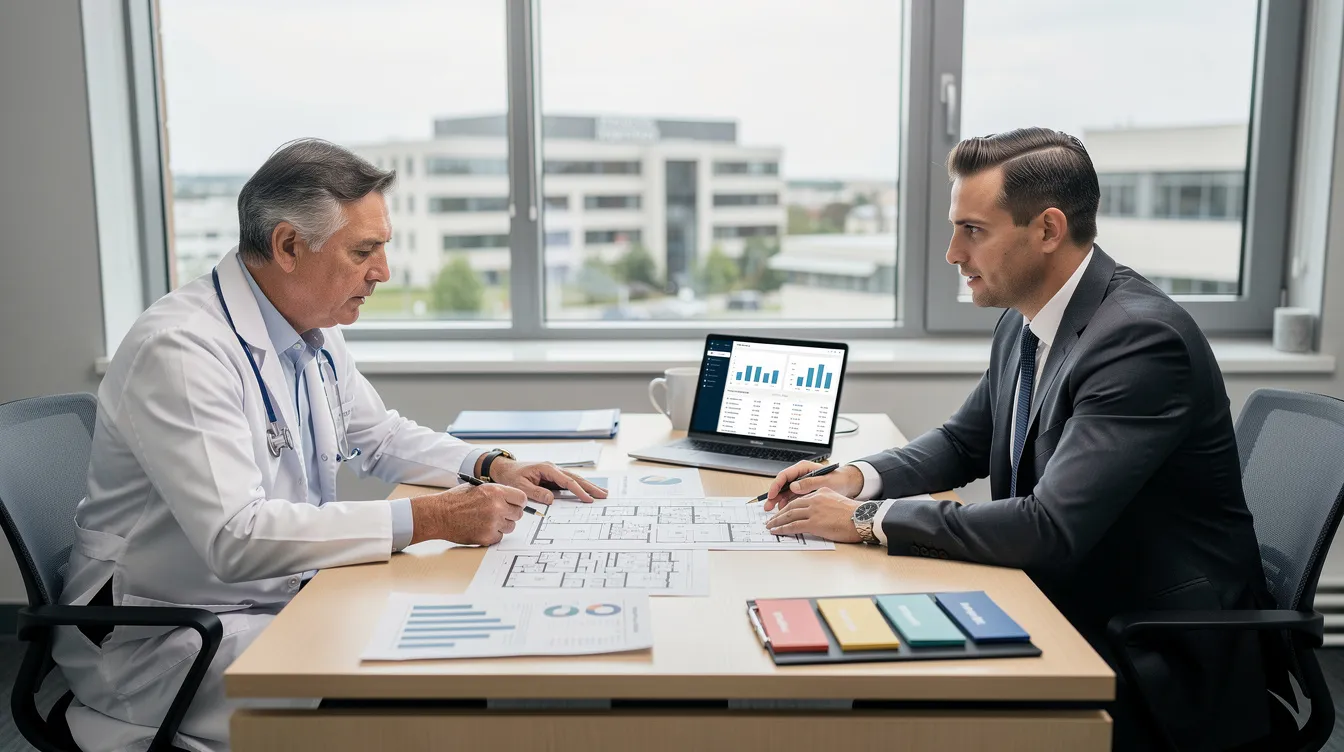 71fa6ed7 1266 4107 a574 1ca23a828bdd A doctor and a financial consultant are seated at a desk, collaboratively reviewing plans for a new hospital project, focusing on aspects such as project costs and healthcare facilities. They are discussing key details that will contribute to the hospital expansion and overall healthcare infrastructure.