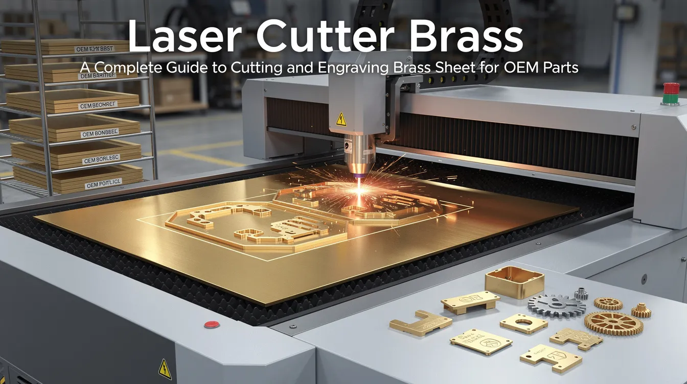 The image showcases a laser cutting machine in action, with a focused laser beam cutting through a brass sheet, creating intricate designs and patterns. The machine's precision allows for clean cuts and fine details on the brass surface, demonstrating the effectiveness of laser engraving brass for OEM parts.