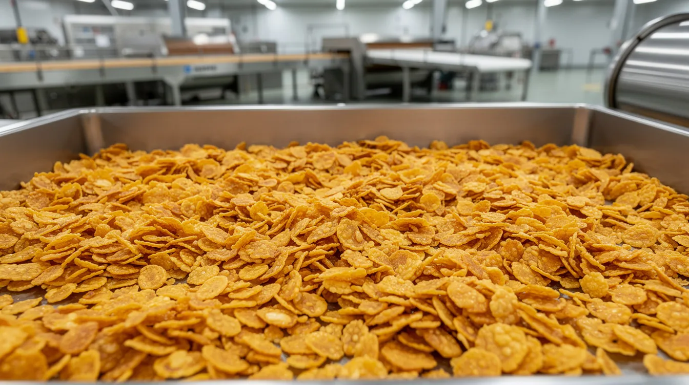 71fad86e 4949 4d6d 8d06 32c6ec685cdc The image shows golden crispy rice flakes spread evenly on a stainless steel tray, set within a commercial food production environment. This scene highlights the poha making machine in action, emphasizing the quality and efficiency of the poha processing machinery used in the manufacturing process.