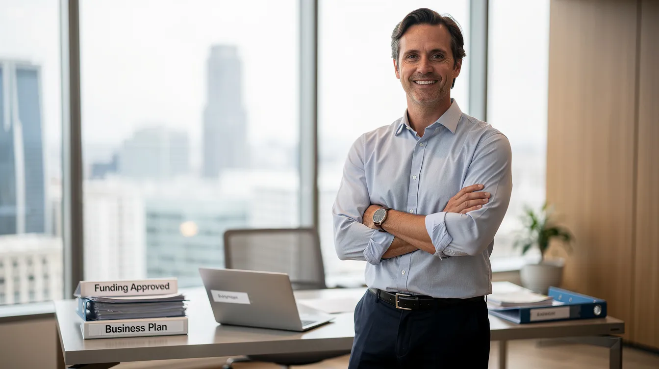 A confident small business owner in business casual attire stands in a modern office, embodying success after securing funding. The image reflects a commitment to smooth cash flow and flexible funding solutions designed to help growing businesses thrive today.