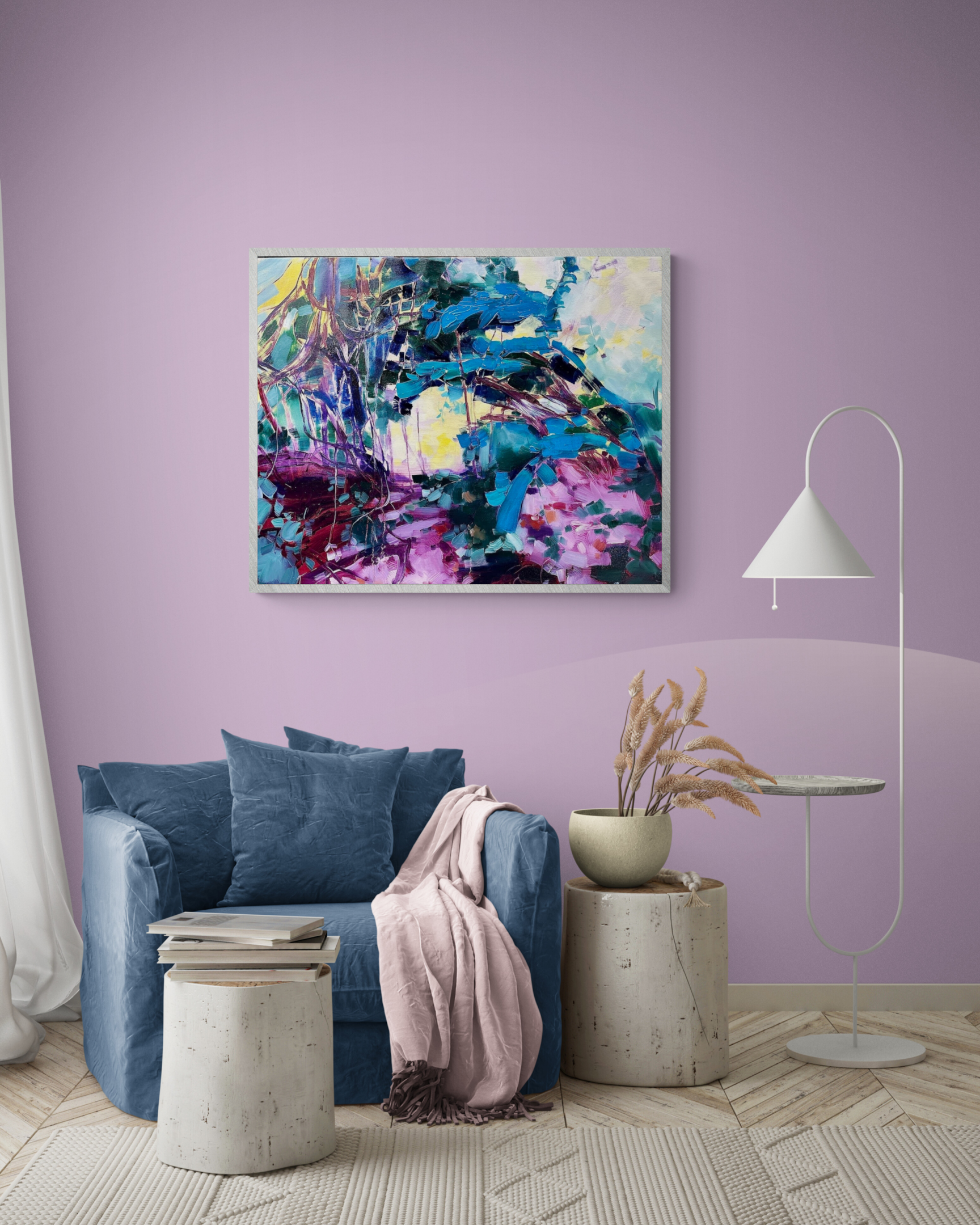 "Beautiful Blue" by artterra artist, Tina Ding, is the inspiration to this interior space's vibrant colour and close composition.