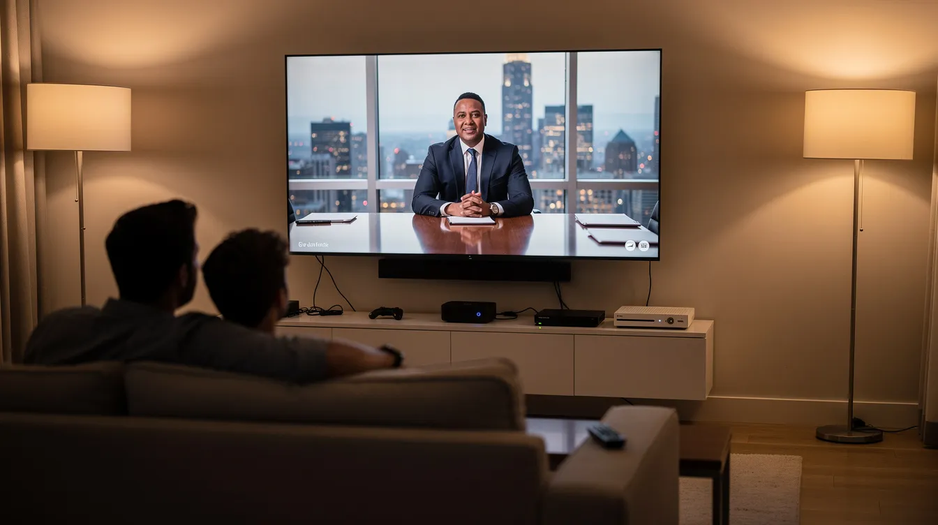 The image depicts a modern living room featuring a smart TV displaying a streaming service interface, with various devices like a Roku and a gaming console nearby. This scene represents the concept of connected TV advertising, highlighting how law firms can effectively reach potential clients through video ads delivered on streaming platforms.