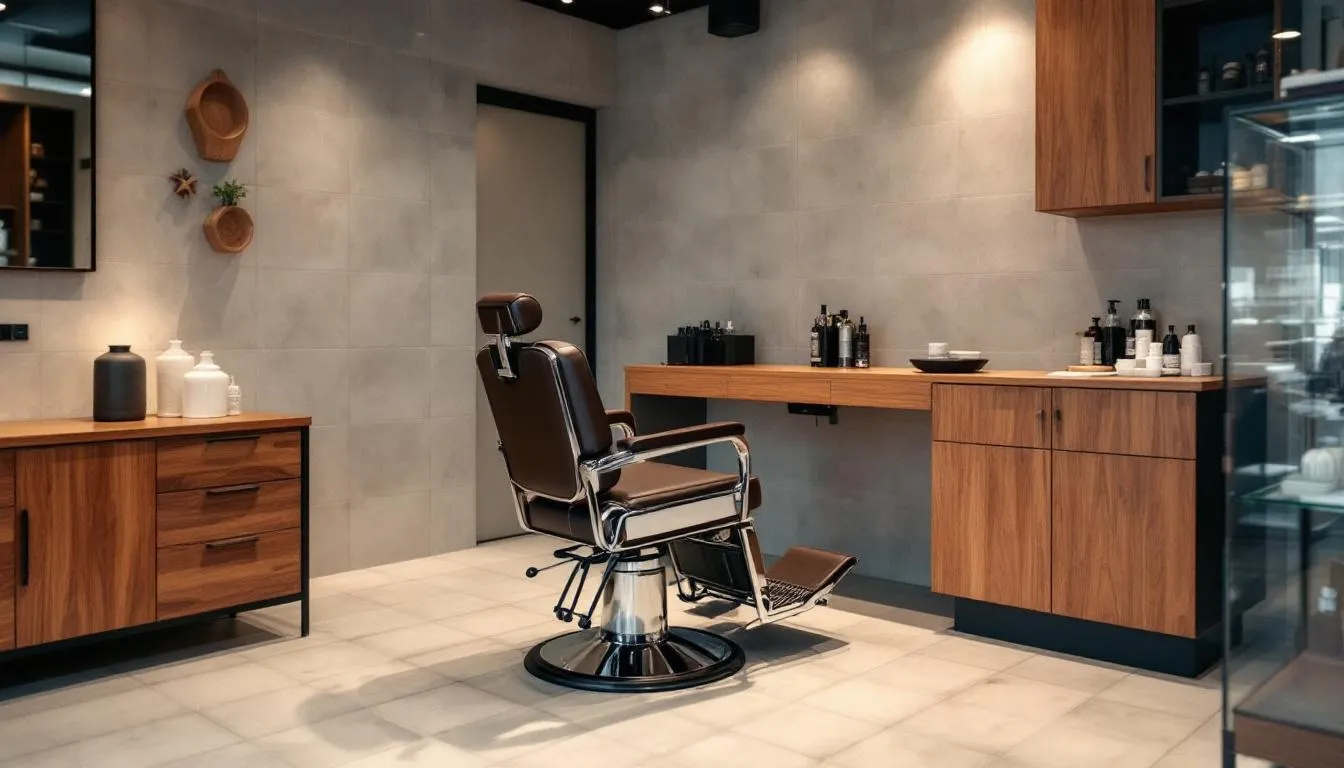 En la imagen se muestra el interior de una barbería con un diseño moderno y un ambiente acogedor, donde se pueden ver a varios clientes recibiendo servicios de cortes de cabello y arreglo de barba por parte de barberos profesionales. El espacio está decorado con elementos contemporáneos que reflejan una estrategia de marketing enfocada en el cuidado personal y la calidad del servicio.