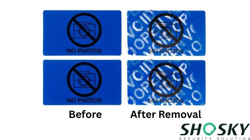 anti-tamper labels before and after removal showing VOID pattern