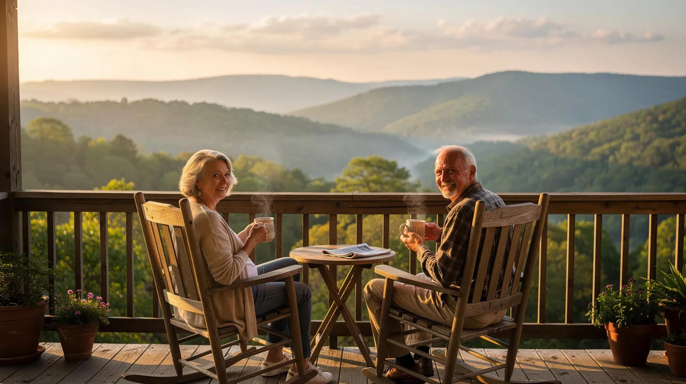 A retired couple sits comfortably on a porch, sipping coffee while enjoying the scenic view of the Ozark Mountains in Arkansas. This picturesque setting highlights the peaceful lifestyle often sought by retirees, where they can relax and appreciate their retirement benefits without the burden of high state income tax.