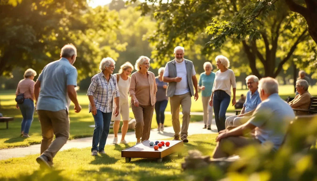 A diverse group of retirees is engaged in various outdoor activities, showcasing a vibrant lifestyle filled with joy and camaraderie. This image highlights the importance of retirement planning services and the pursuit of financial freedom in their golden years.