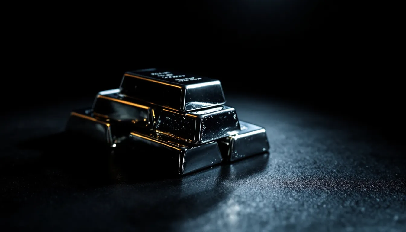 The image features shiny palladium bars stacked neatly on a dark surface, illuminated by dramatic lighting that highlights their metallic luster.