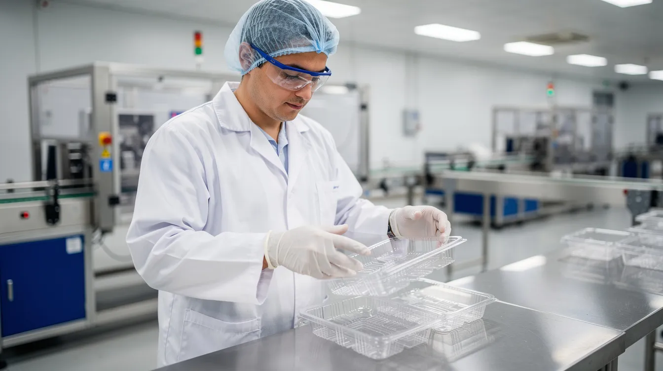 A technician is seen handling clear low density polyethylene (ldpe) bags in a clean manufacturing area, emphasizing the importance of hygiene and regulatory compliance in the production process. The setting highlights the use of durable and moisture-proof packaging suitable for various sensitive products, including food and medical devices.