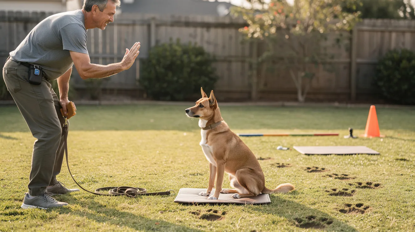 The image depicts a trainer demonstrating the "stay" command to a dog in a calm indoor environment, showcasing the dog in a sit position with a focused expression. The trainer is using hand signals and verbal cues, emphasizing the step-by-step stay training process that many dog owners can follow to achieve a rock solid stay with their pets.