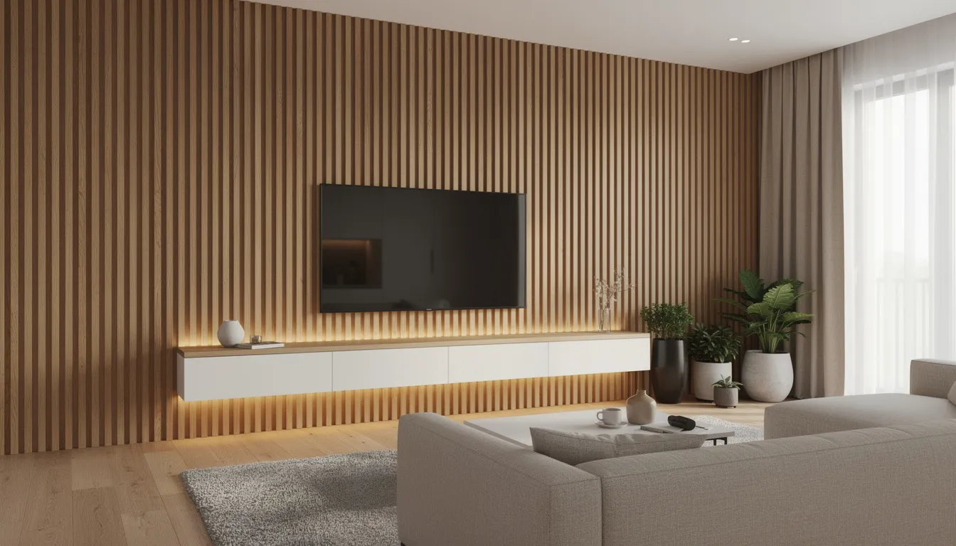 Een moderne woonkamer met een houten lattenwand en sfeervolle LED verlichting achter een zwevend tv-meubel. De warme gloed van de dimbare LED strips creëert een uitnodigende ambiance en accentueert het interieurontwerp.