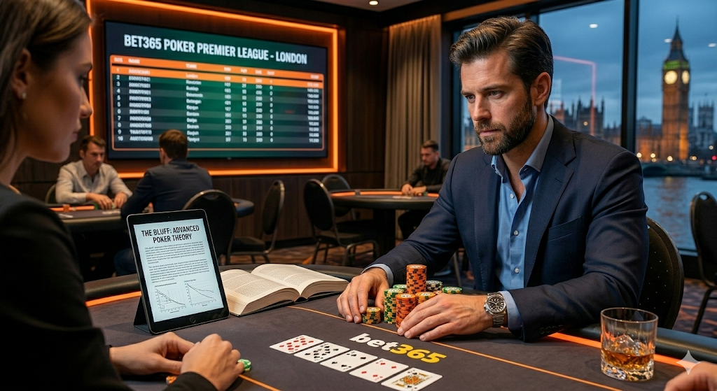 Pokerspeler aan een bet365 pokertafel tijdens een live pokerwedstrijd, met fiches, kaarten en een leaderboard van de Bet365 Poker Premier League op de achtergrond.