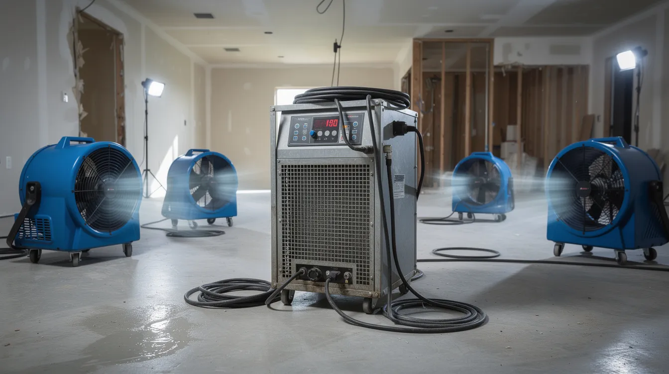An industrial dehumidifier and air mover are actively operating in a room, working to improve indoor air quality and assist in the mold remediation process by effectively reducing humidity levels and preventing mold growth. This advanced equipment is essential for addressing mold infestations in both residential and commercial properties, ensuring a safe and healthy indoor environment.