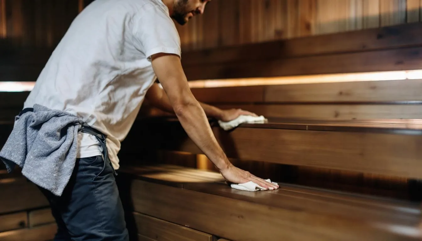 The image depicts a person diligently cleaning wooden sauna benches with a cloth, ensuring a hygienic environment for a relaxing sauna session. This maintenance is essential for both traditional and infrared saunas to enhance the overall sauna experience and health benefits.