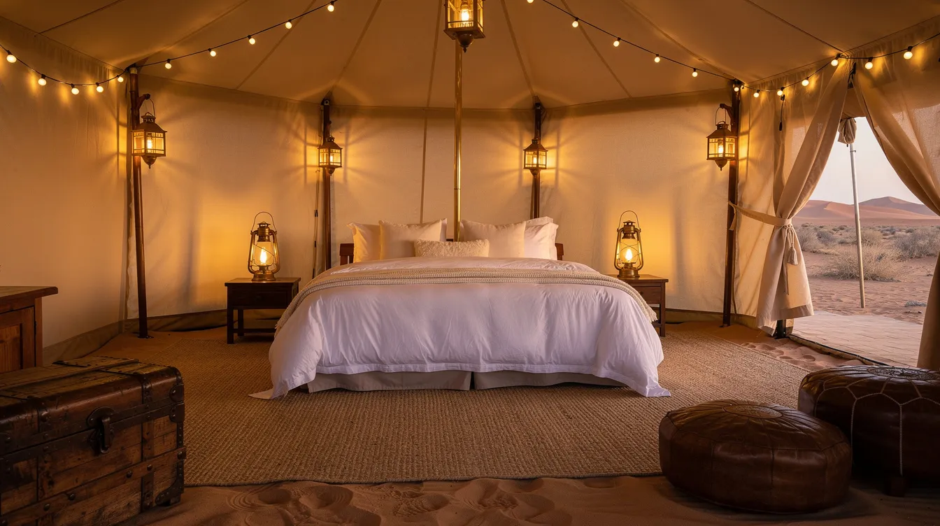 The image depicts the interior of a luxury desert tent in the Sahara Desert, featuring a spacious bed adorned with white linens, a warm carpet on the sandy floor, and soft lantern lighting that creates a cozy atmosphere. This luxurious accommodation is perfect for travelers seeking a unique desert experience during their Sahara desert tour.