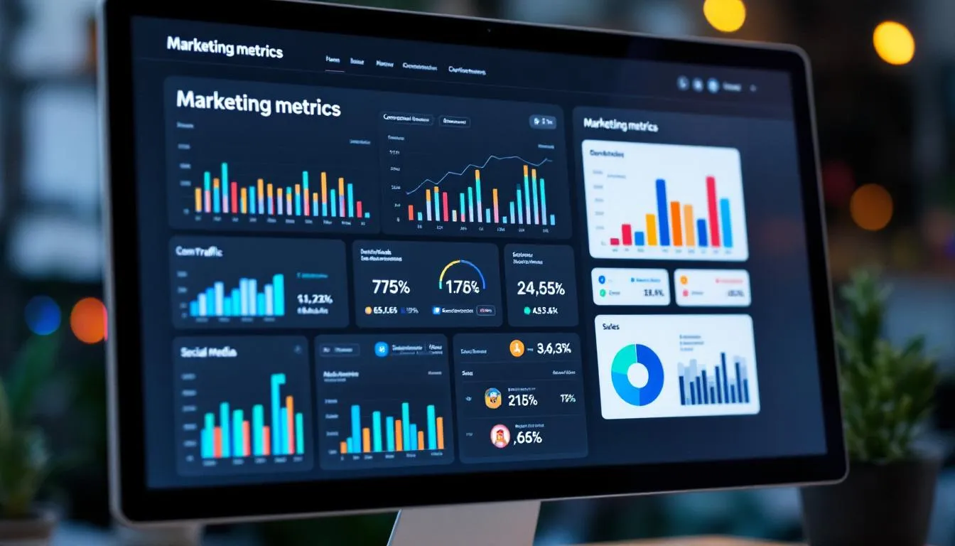 Na ekranie znajduje się pulpit nawigacyjny z analizą danych, pokazujący wskaźniki marketingowe, takie jak efektywność działań promocyjnych w mediach społecznościowych oraz potencjalnych klientów. Wizualizacja ta ma na celu wspieranie przedsiębiorstw w opracowywaniu skutecznej strategii promocji i zwiększeniu sprzedaży.