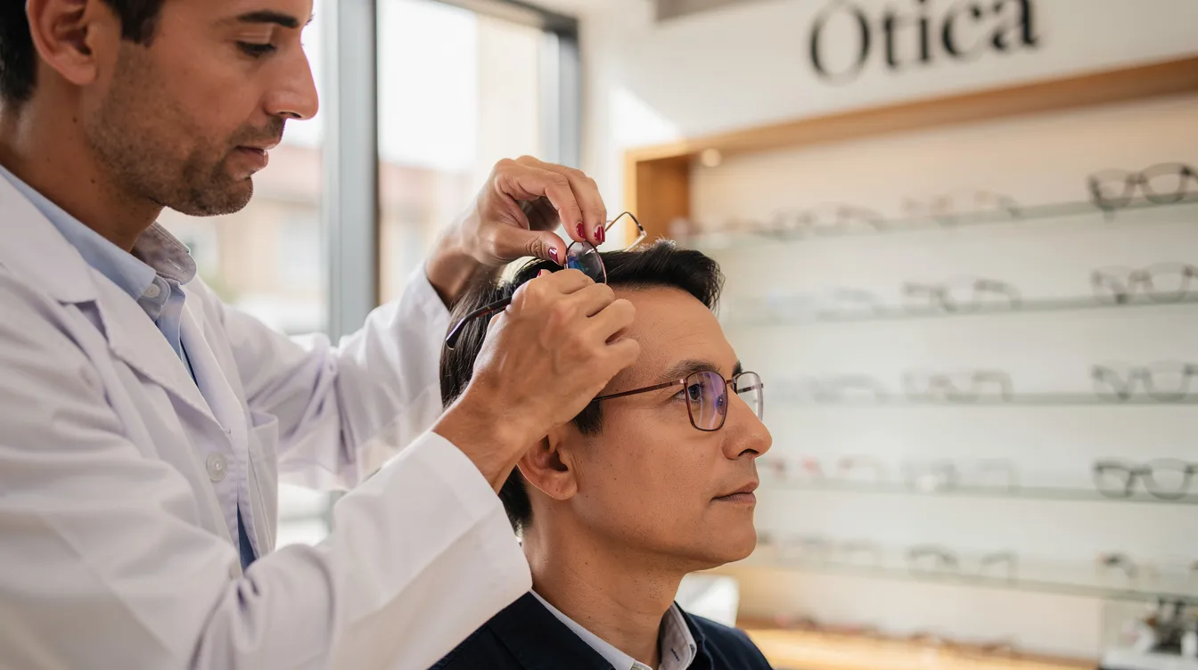 Um profissional de ótica está ajustando cuidadosamente os óculos no rosto de um cliente, demonstrando atenção aos detalhes e cuidado com a saúde visual. A imagem destaca a interação entre o especialista e o paciente, refletindo a qualidade do serviço oferecido na área de oftalmologia.
