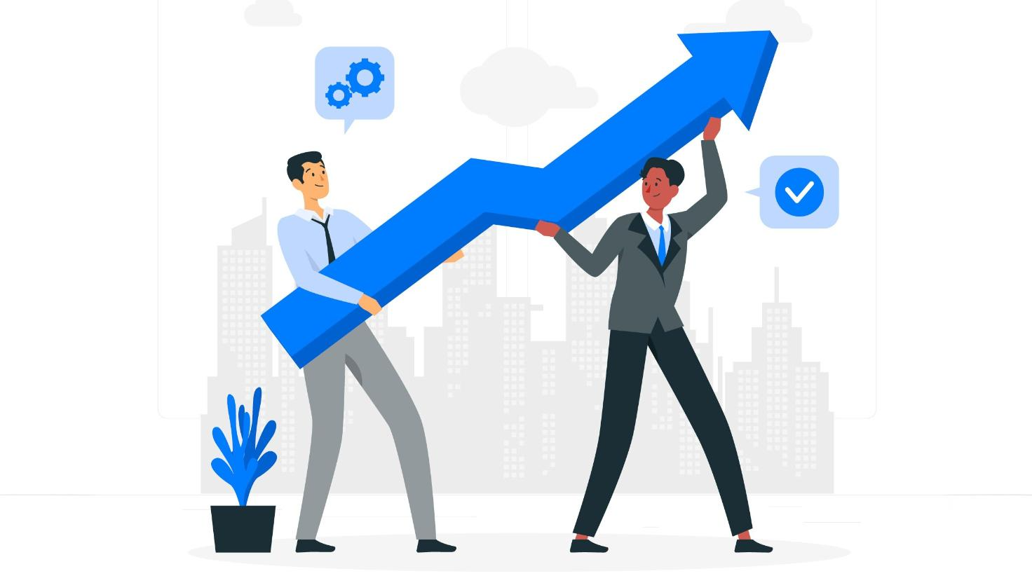 Two businesspeople in suits lift a large, upward-pointing blue arrow together in front of a cityscape. This illustration conveys the collaborative success driven by business messaging tools and SMS for businesses in driving growth and communication.