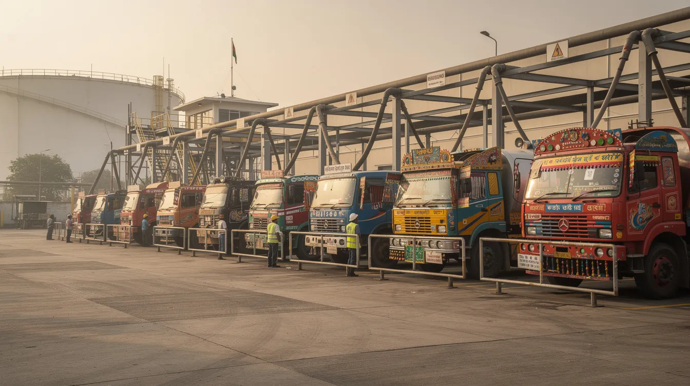 720db618 0f40 49e3 af2d 7de5ebac114e The image depicts several tanker trucks lined up at a fuel depot loading bay in India, ready for loading denatured anhydrous ethanol. These trucks are part of the logistics operations of oil marketing companies (OMCs), such as the Indian Oil Corporation and Bharat Petroleum Corporation, involved in the ethanol procurement process for blending with petrol.