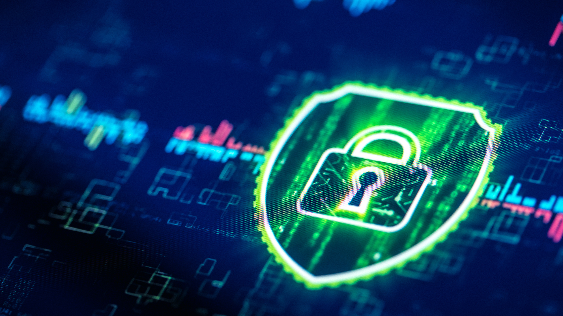 A glowing green shield with a padlock surrounded by digital code, representing advanced cybersecurity measures.