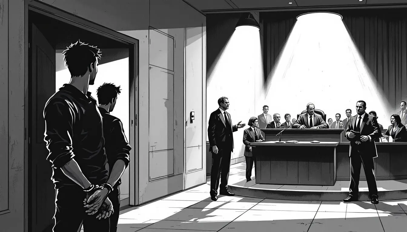 An illustration of the legal process from arrest to trial, highlighting key stages.