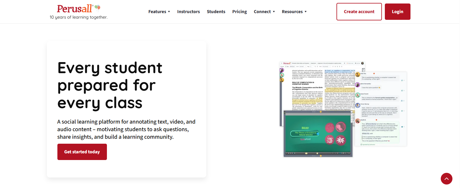 Perusall homepage featuring a collaborative social learning platform with text annotation, discussion threads, and interactive learning for student engagement.