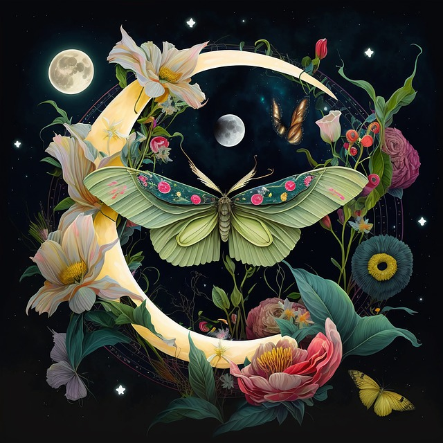 flowers, moth, moon
