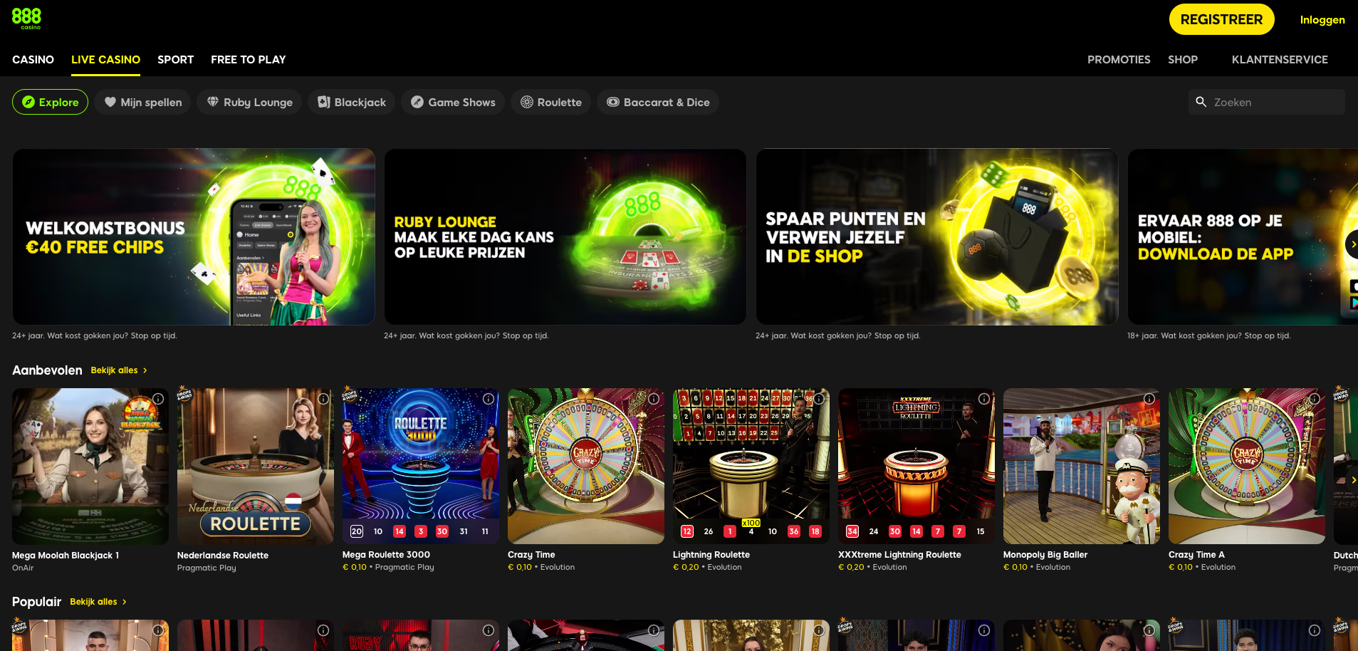 Overzicht van het 888 Live Casino, met promoties zoals €40 welkomstbonus in free chips en Ruby Lounge beloningen, plus populaire live casino spellen zoals Crazy Time, Lightning Roulette, Mega Roulette 3000 en live blackjack met echte dealers.