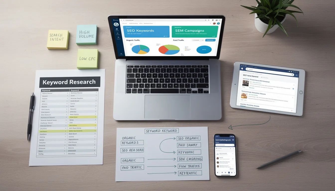 The image illustrates the importance of keyword research in enhancing both SEO and SEM efforts, showcasing a blend of organic search results and paid search advertising strategies. It emphasizes how aligning content and ads with target keywords can effectively engage the audience and improve web traffic.