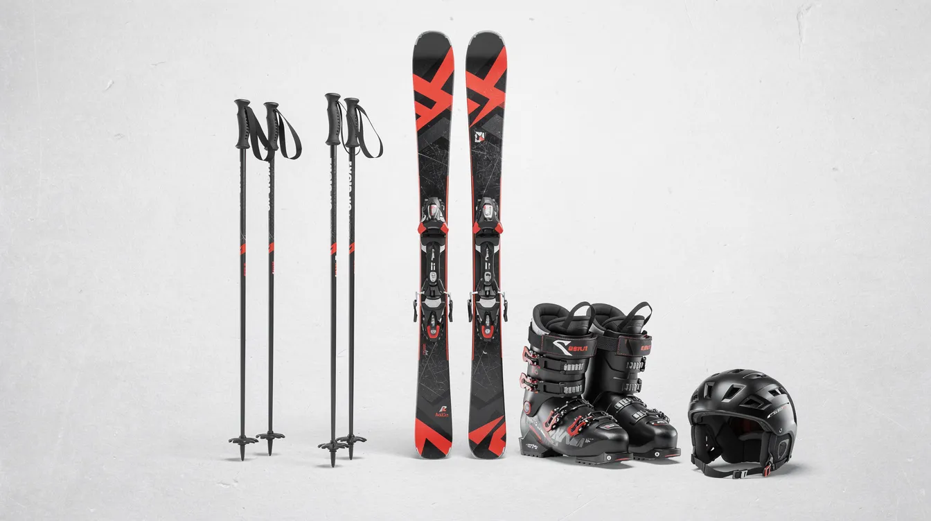 Die Skiausrüstung ist ordentlich aufgereiht und umfasst Ski, Skistöcke, Skischuhe und einen Helm, die alle bereit für einen Skiurlaub auf der Piste sind. Diese Anordnung zeigt die verschiedenen Produkte, die Wintersportler für ihren perfekten Tag im Schnee benötigen.