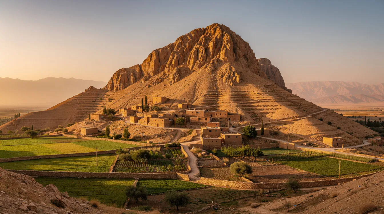 A panoramic view captures a sacred mountain, crowned with a small village that reflects the rich Samaritan tradition, nestled on its slopes and overlooking lush green valleys in the Middle East. This serene landscape embodies the historical significance of the region, where many Samaritans reside, maintaining their ancient customs and religious observance.