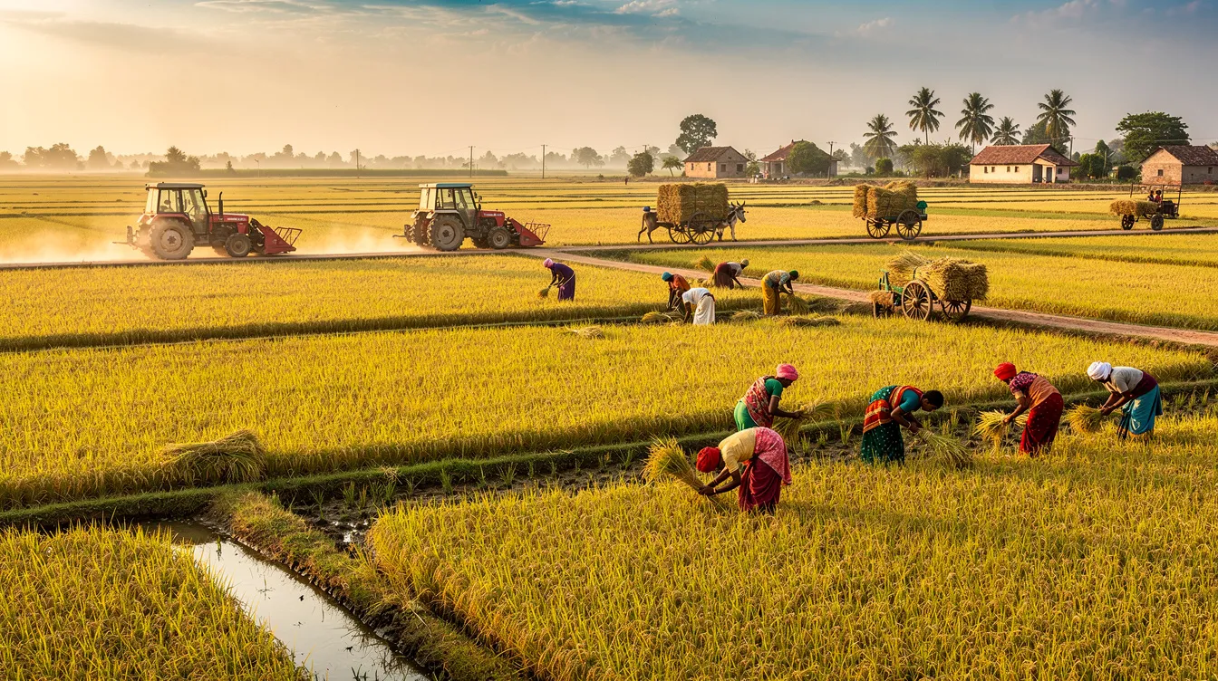721a25ed bd20 4b0c abac 93b6586b3ef3 A wide view of golden paddy fields in rural India showcases tractors and workers actively harvesting rice. This scene highlights the rice production process, essential for supplying quality rice to meet market demand and supporting local rice mill businesses.