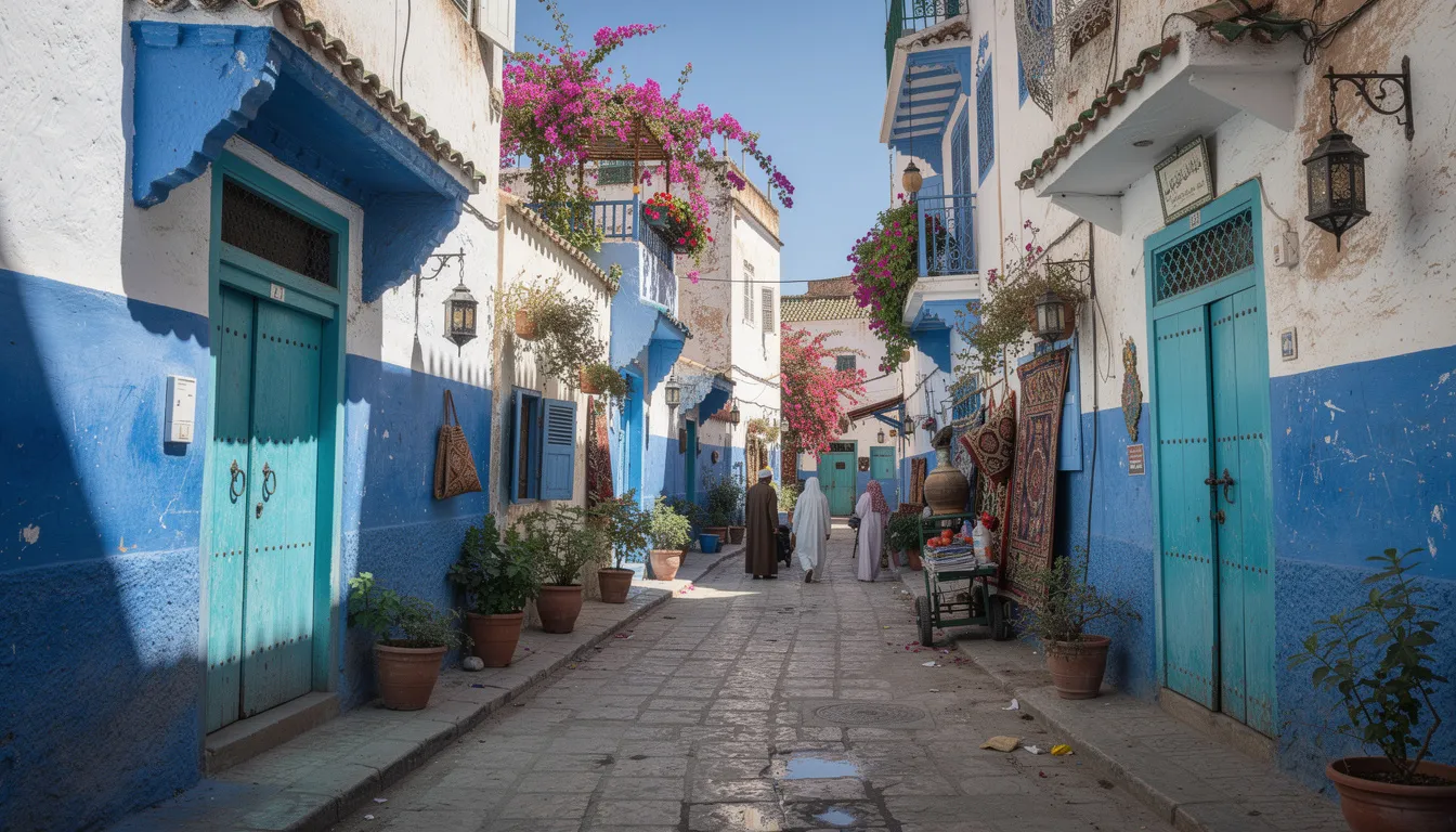 The image depicts colorful narrow streets in a traditional Moroccan medina, featuring striking blue and white walls that create a vibrant atmosphere. This beautiful city, often explored during a Morocco tour, showcases the unique architecture and charm of Moroccan cities, inviting visitors to wander and experience its rich culture.