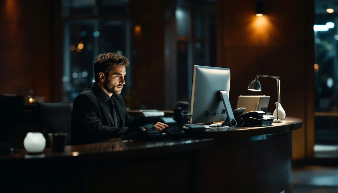 The image depicts a hotel front desk at night, where a night auditor is diligently working at a computer, managing the night audit process. The desk employee is focused on financial activities and preparing necessary reports related to guest accounts and room occupancy, ensuring smooth hotel operations during the night shift.