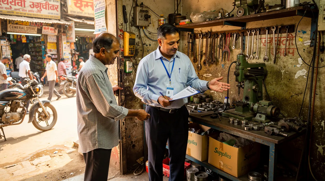 721eb2ad 4fff 4d9e a191 84b557686395 A bank officer is inspecting a small workshop in an Indian market, evaluating its suitability for financial assistance under the Pradhan Mantri Mudra Yojana. The officer assesses the business's credit track record and operational setup to determine eligibility for collateral-free loans aimed at supporting micro and small enterprises.