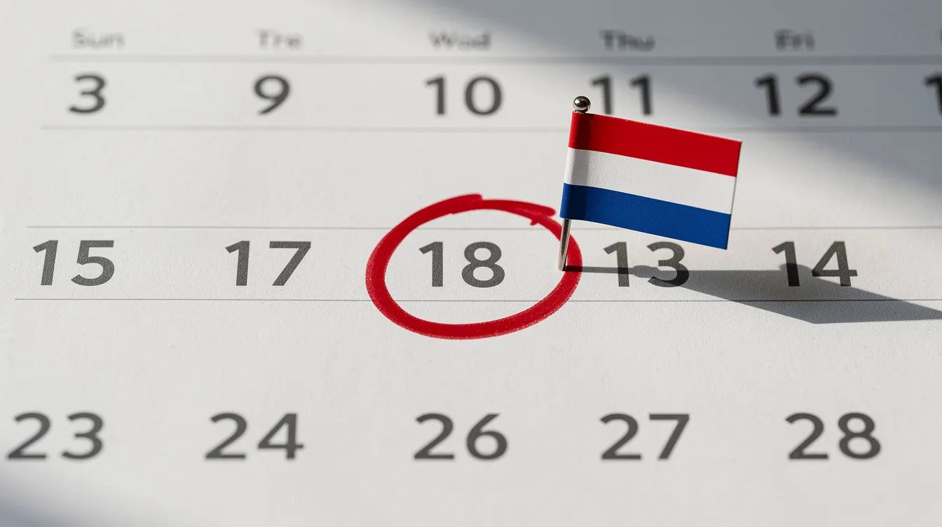 The image shows a calendar page with a specific date highlighted by a red circle, accompanied by a small Dutch flag pin placed next to it, suggesting a planned trip to the Netherlands for a visa application or visit. This visual serves as a reminder for applicants to prepare their travel documents, including a valid passport and any necessary travel insurance.