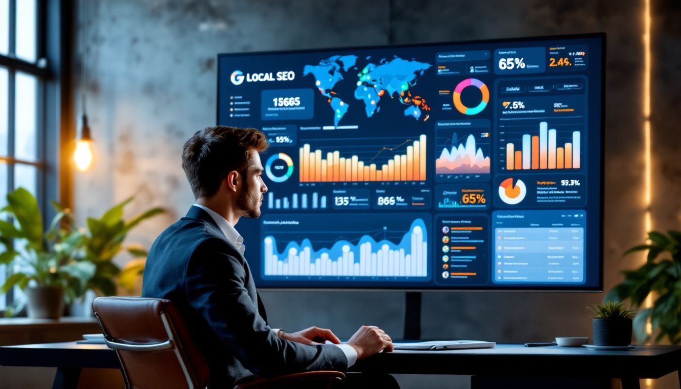 An image showing a business owner analyzing local SEO performance metrics.