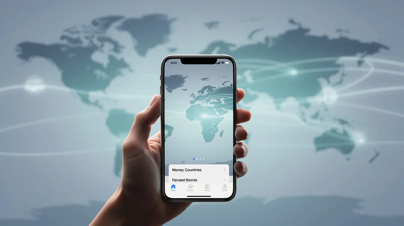 A person is holding a smartphone displaying a world map, symbolizing international money transfers. The image conveys the concept of using a mobile wallet for sending payments across countries, highlighting the importance of transfer speed and low fees in money transfer services like Payoneer and Remitly.